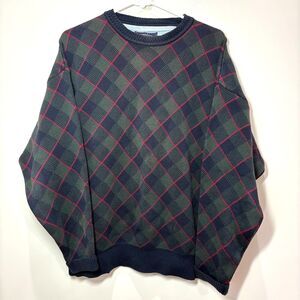 VTG 90s Woods & Gray Green Tartan Plaid Sweater Men M Pullover Grandpa Dad Core